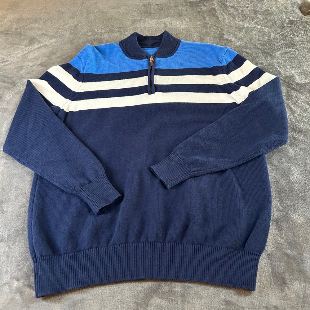 CK 1/4 Zip Pullover Sweater Striped Cotton Casual Comfy Blue White Mens Medium